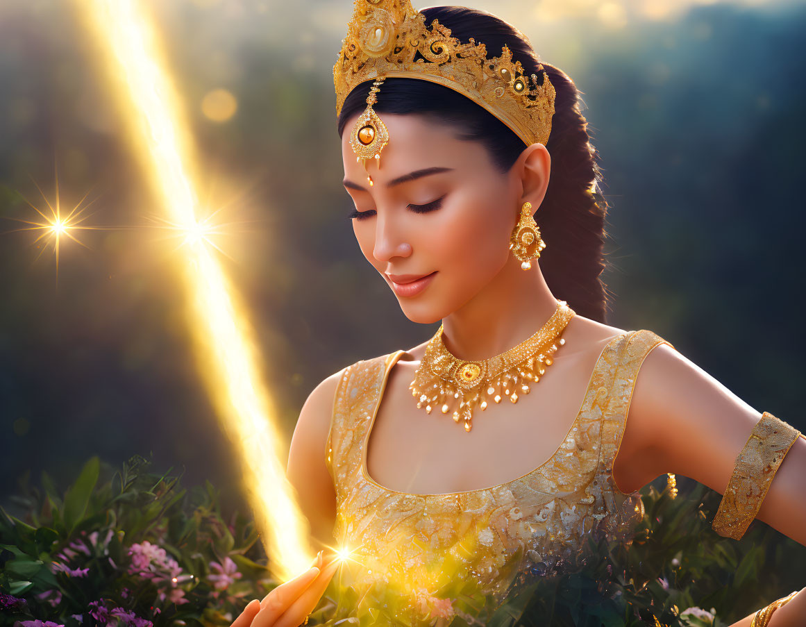 Traditional Golden Attire Woman in Serene Nature Setting