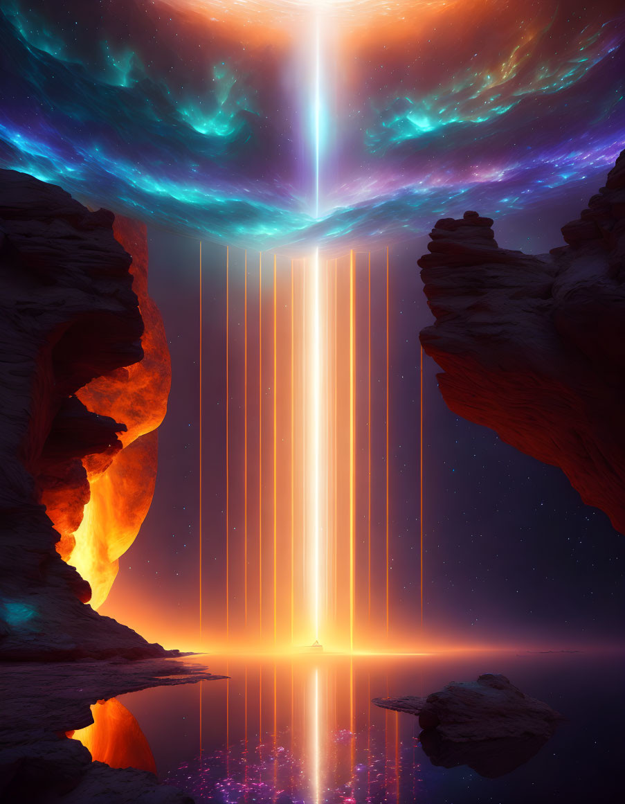 Vertical Light Beam Over Rock Formations Reflecting in Water Under Starry Sky