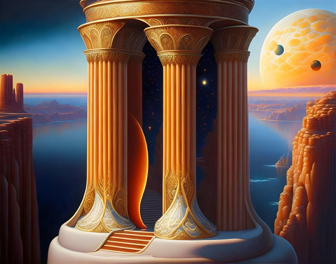 Ornate Pillars in Surreal Landscape with Starry Night Sky and Alien World Moon, Rocks