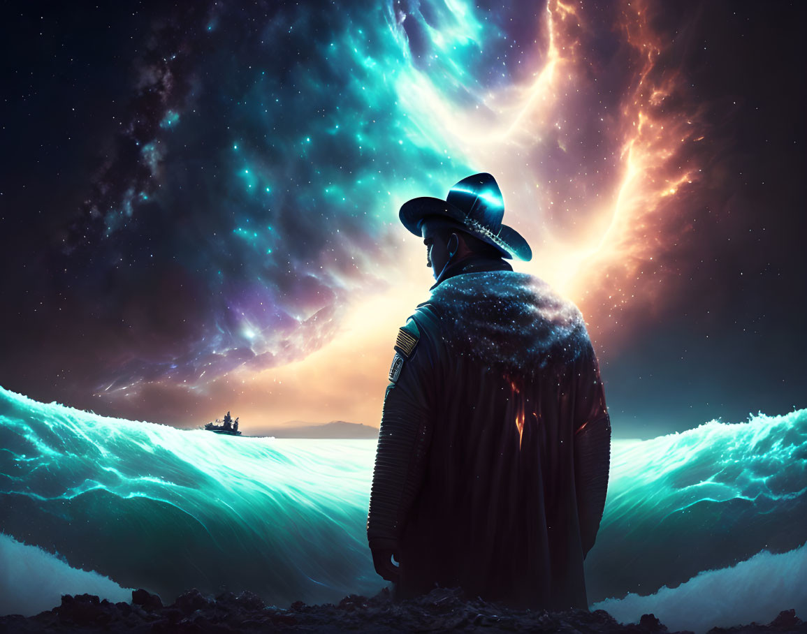 Silhouette of person in hat against cosmic and ocean backdrop