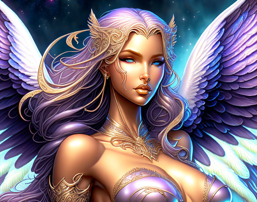 Fantasy female figure with large wings and purple hair on starry night background