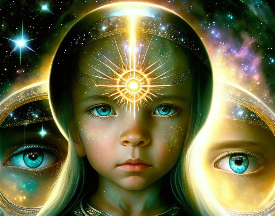 Child with Cosmic Features and Celestial Headpiece in Starry Space