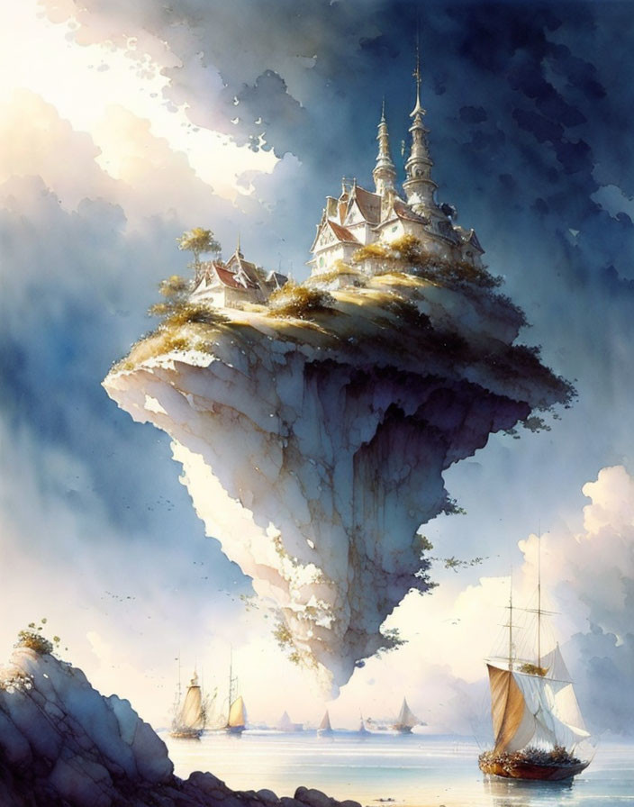 Floating island with castle above clouds & sailboats on serene sea