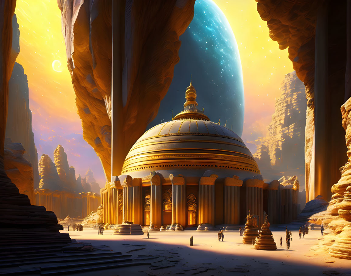 Sci-fi temple with domed roof in alien landscape under celestial body.