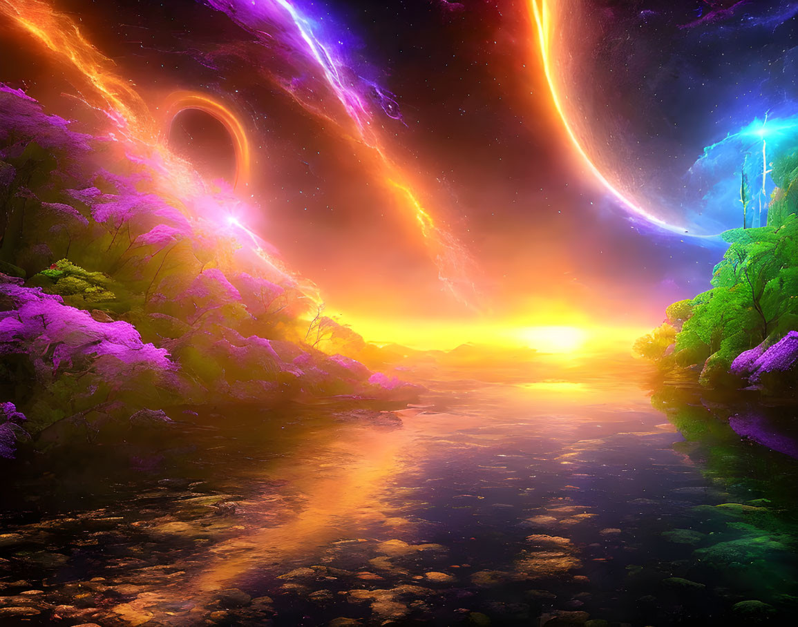 Sci-fi landscape with river, purple foliage, and celestial bodies in the sky