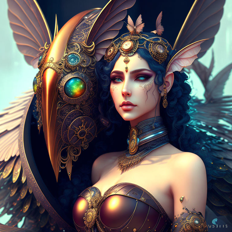 Dark-haired woman in golden helmet with mechanical wings and jewelry