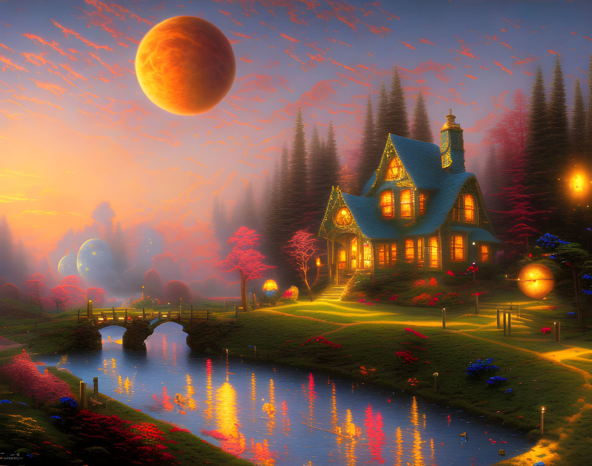 Riverside cottage at dusk with moon, lanterns, starry sky, gardens