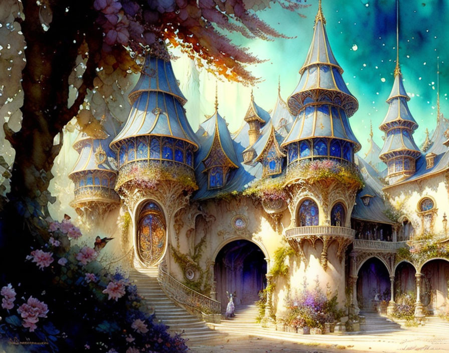 Fantasy castle with turrets, blooming trees, and floating lanterns