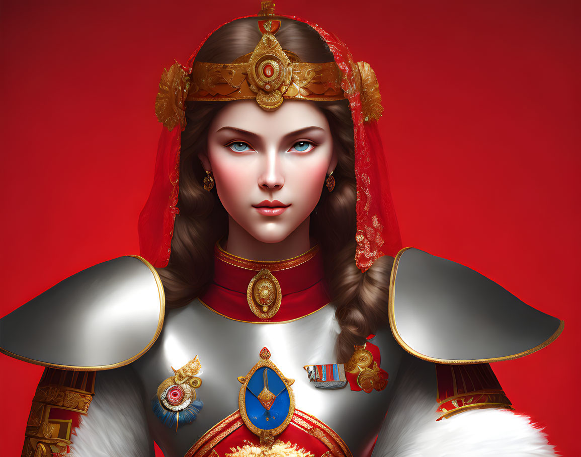 Digital portrait of woman in medieval armor with blue eyes on red background