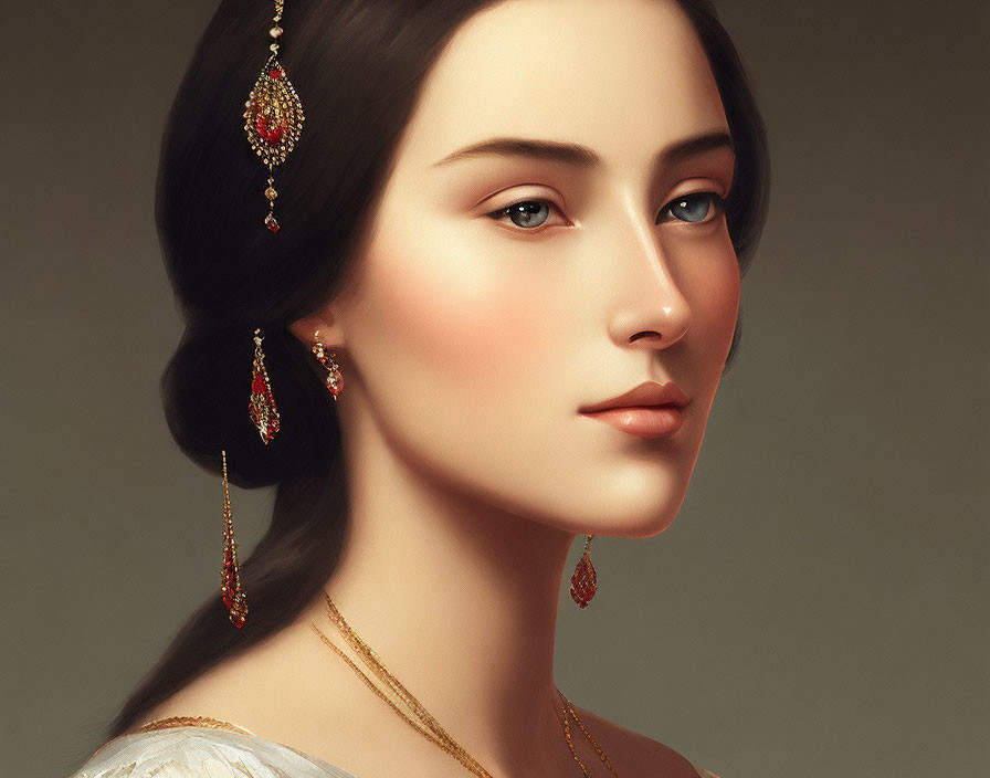 Portrait of woman with dark hair in gold and red earrings and white off-shoulder dress