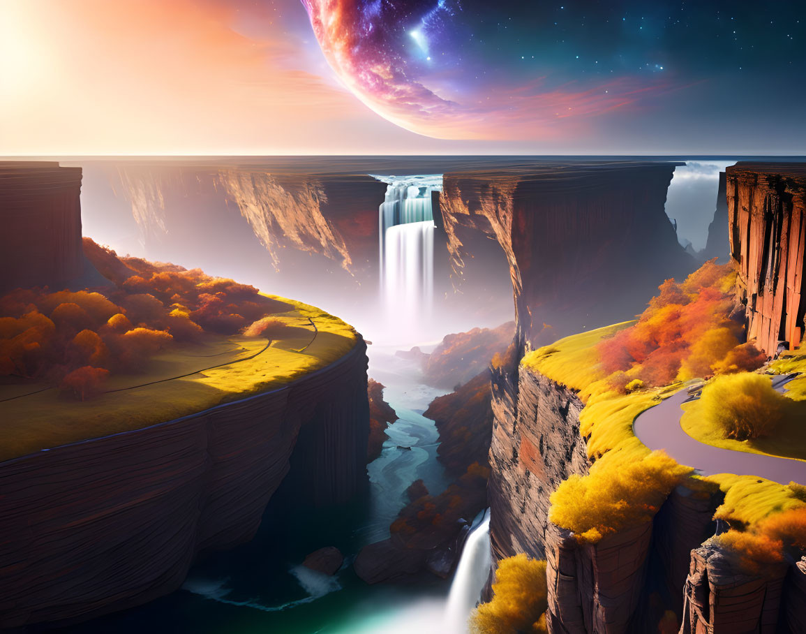 Fantastical landscape with waterfall, autumn trees, and alien sky