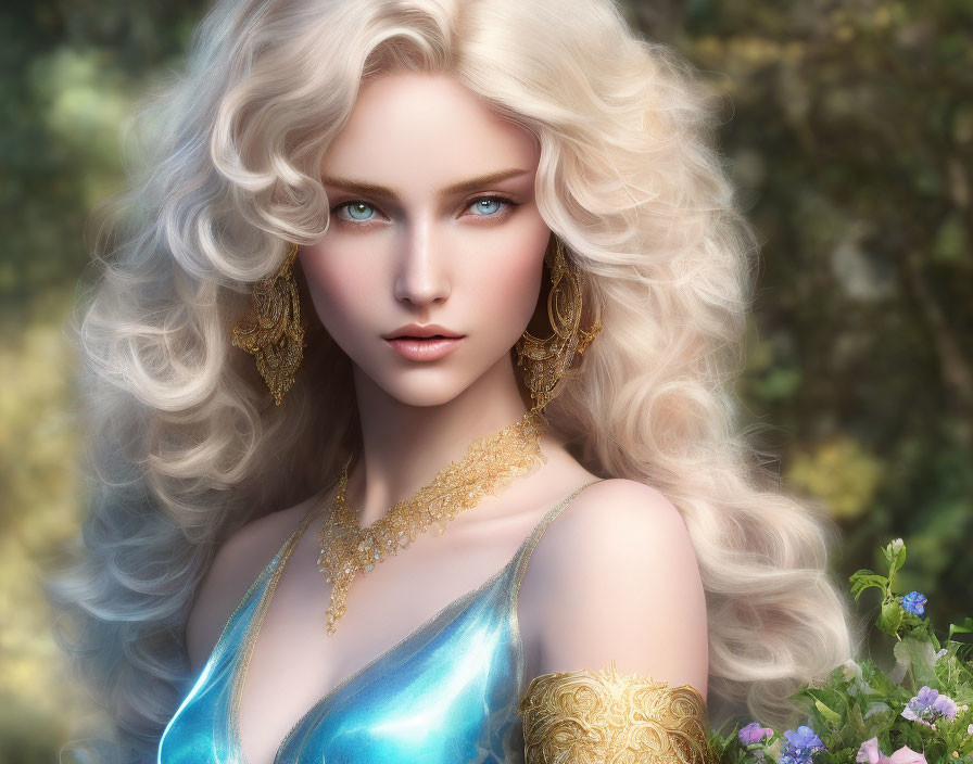 Blonde Woman with Blue Dress and Gold Jewelry in Digital Art