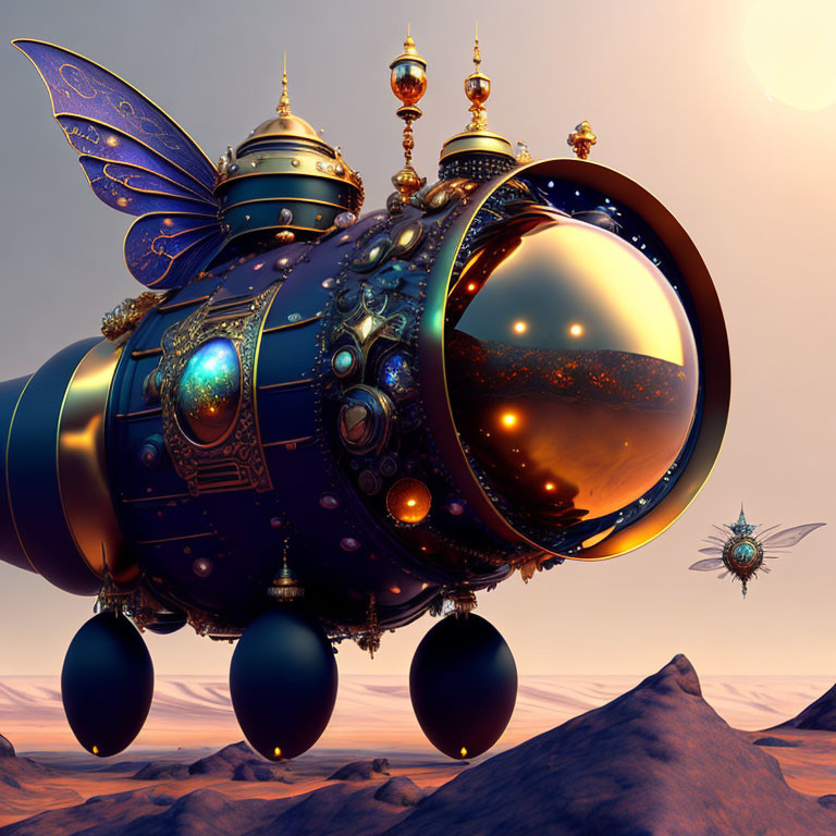 Steampunk-style airship with butterfly wings in barren landscape