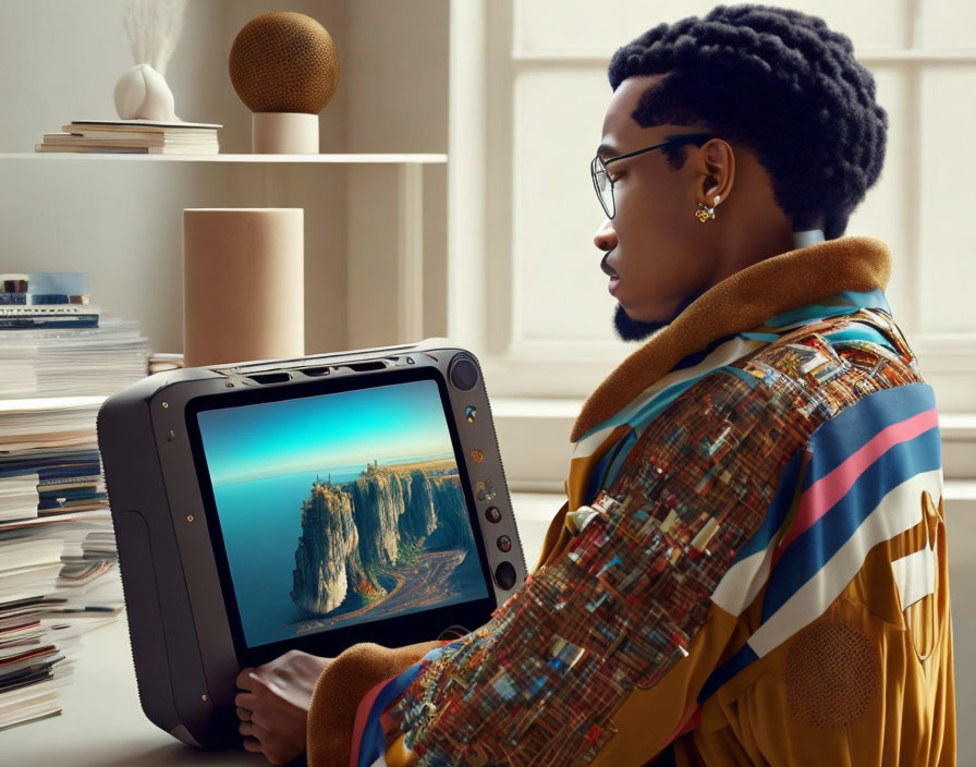 Person with glasses and braided hair in colorful jacket at vintage monitor with landscape, books, and microphone