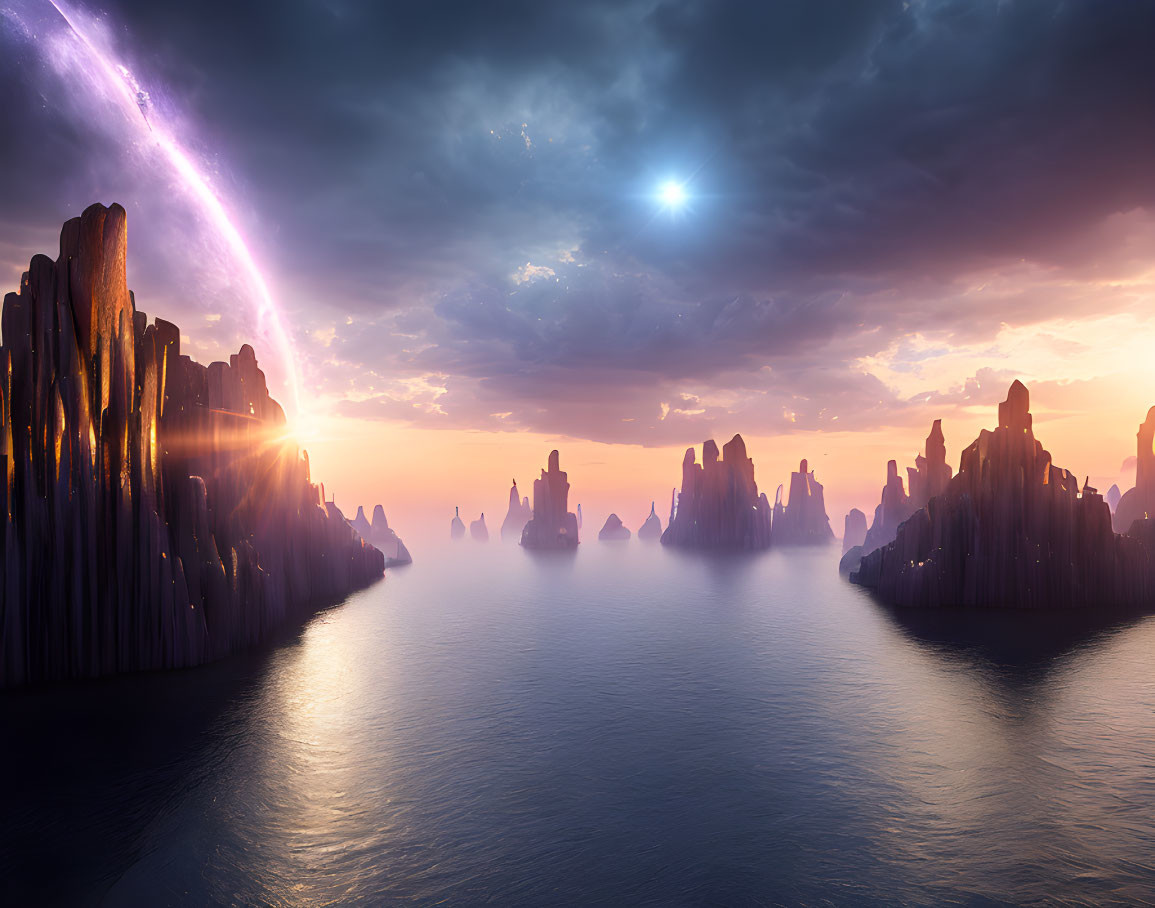 Mystic seascape with towering rock formations and dual light sources