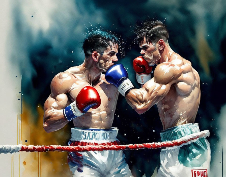 Boxers in ring: Dynamic watercolor fight scene