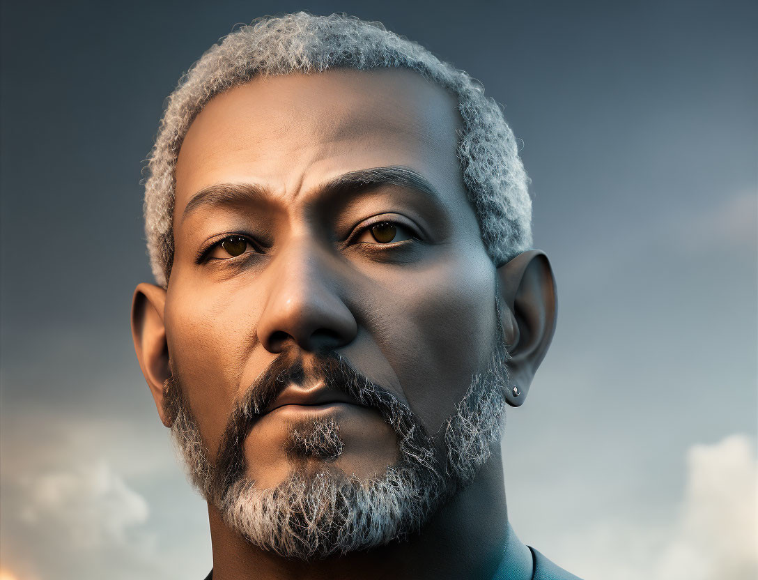 Detailed 3D Rendering of Male Face with Graying Hair and Beard