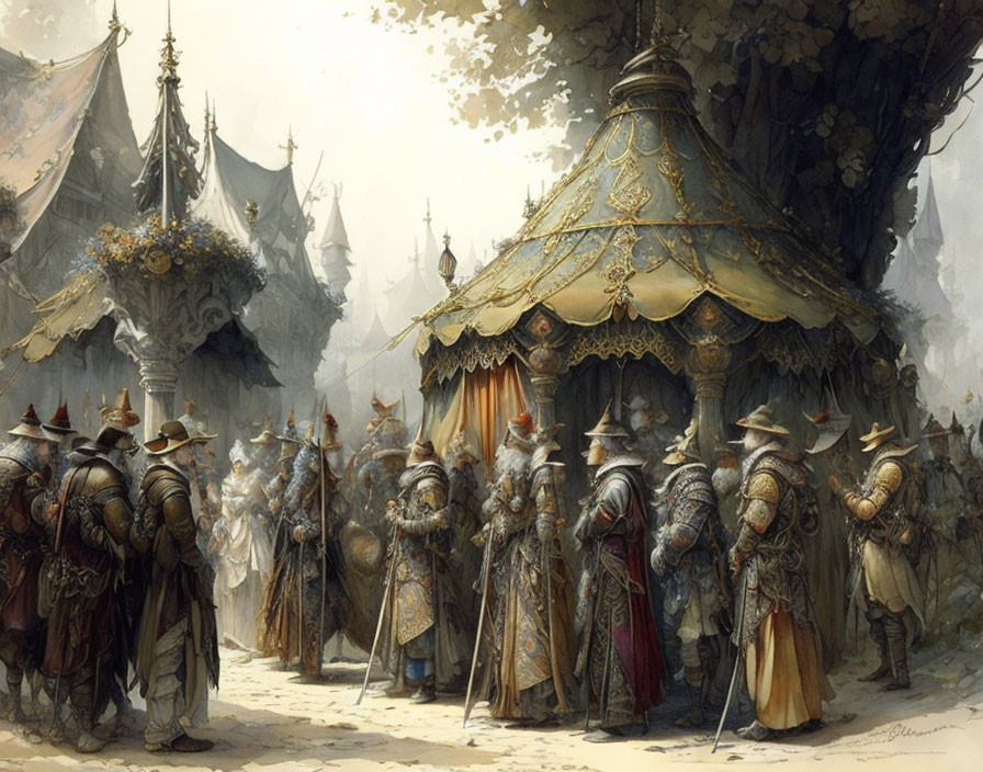 Medieval tent with armored knights in forested encampment