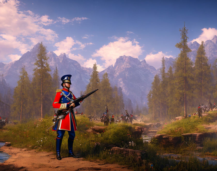 Colorful Uniform Soldier with Rifle in Forest and Mountain Setting