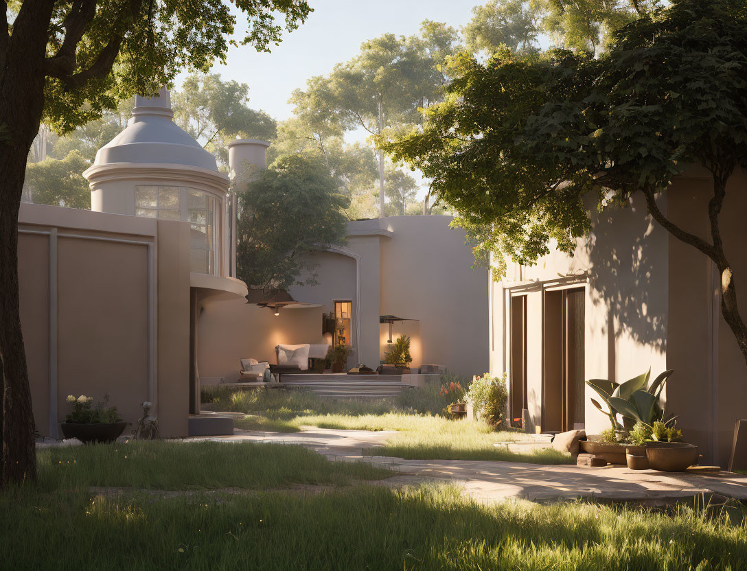 Tranquil Courtyard with Lush Trees and Cozy Sitting Area