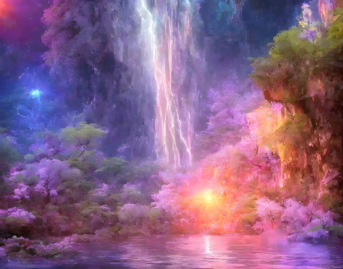 Ethereal pink and blue waterfall in mystical nature scene