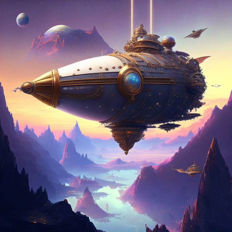 Steampunk airship over purple alien landscape with mountains and planets