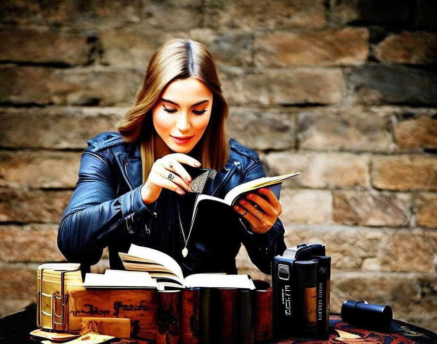 Woman in leather jacket reading book with stack of books and water bottle against brick wall.