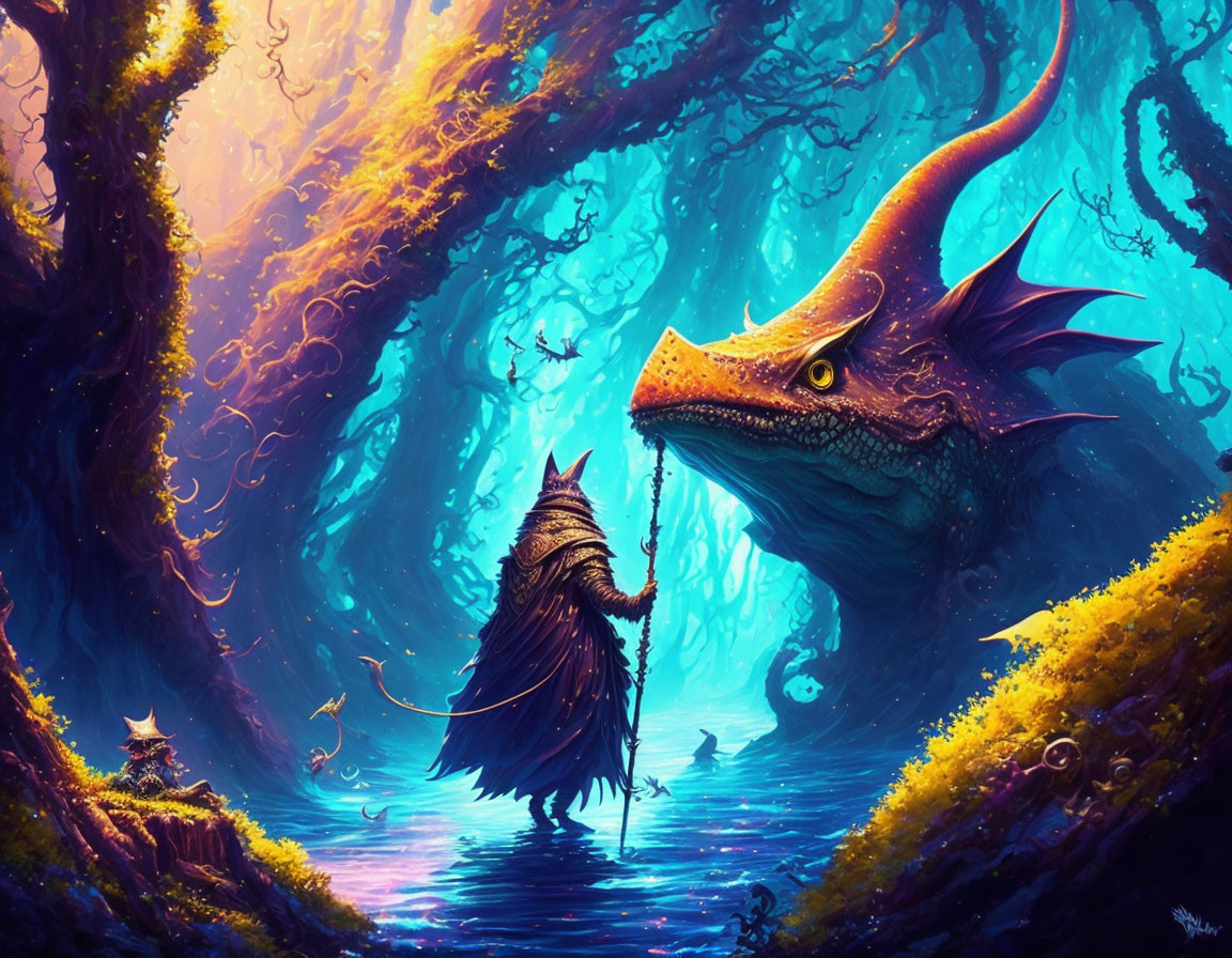 Mystical forest with blue and purple hues, cloaked figure and dragon among twisted trees.