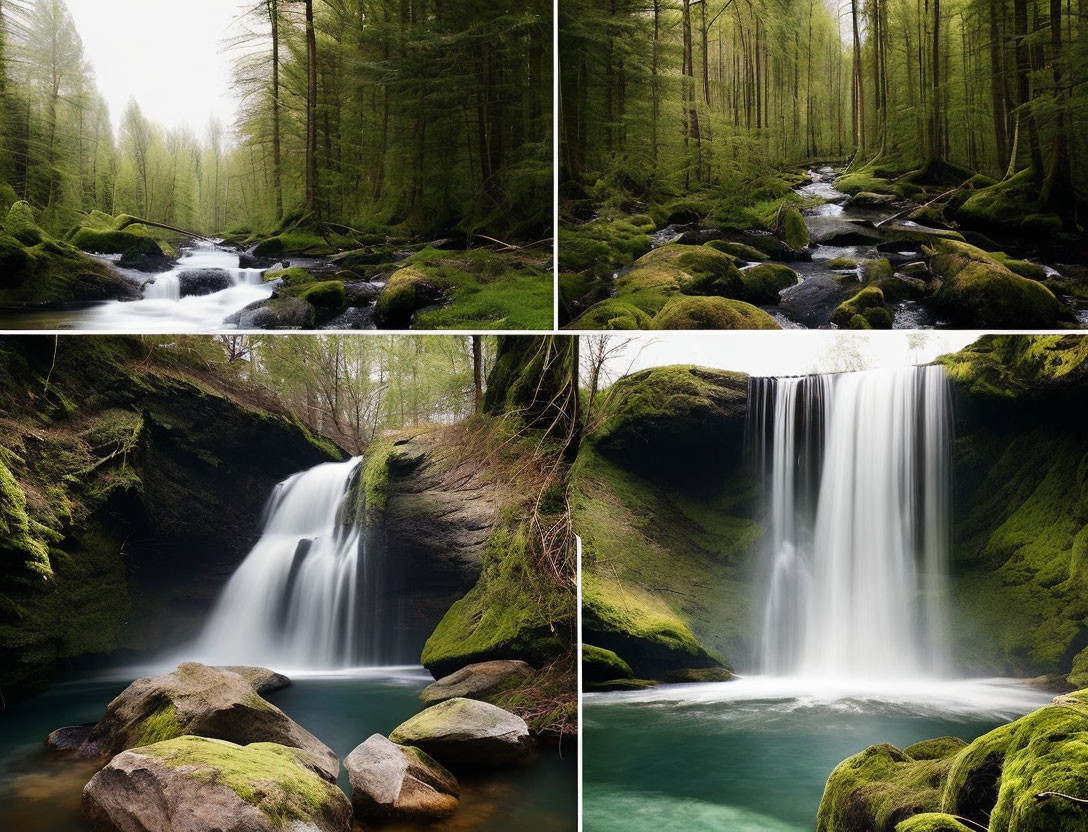 Four Serene Forest Scenes with Streams and Waterfalls