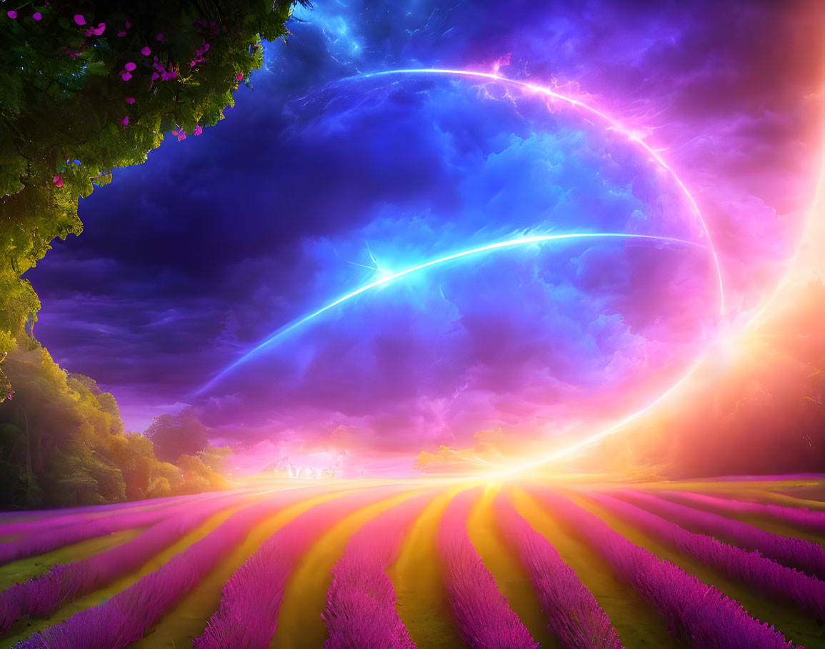 Fantasy landscape digital artwork with purple fields and radiant sunrise