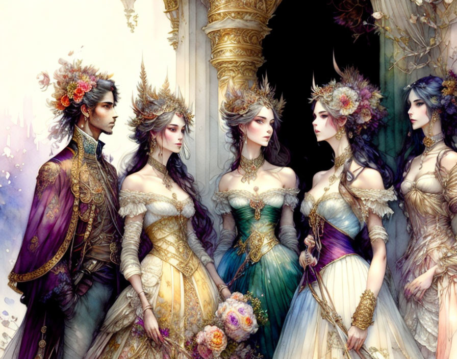 Fantasy characters in regal attire with floral headdresses at luxurious court