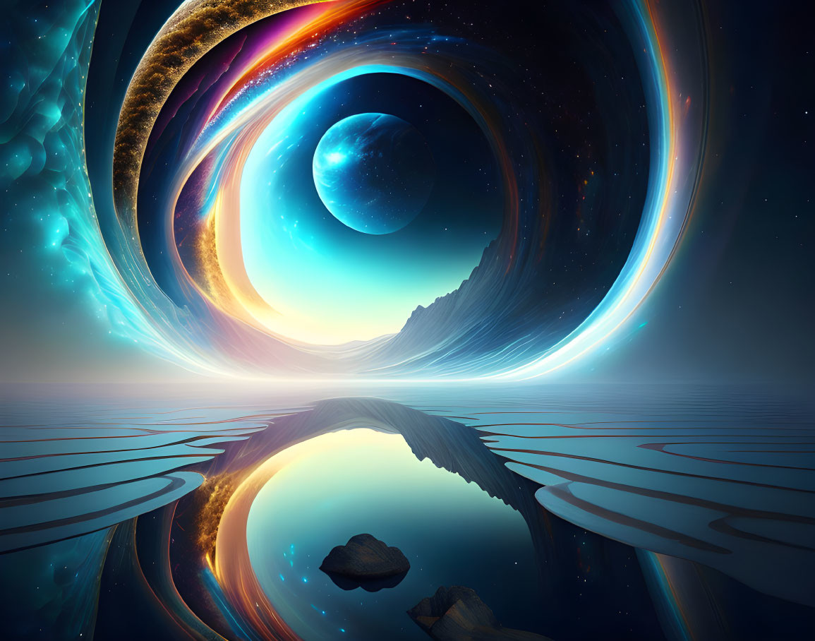 Vibrant cosmic landscape with wormhole, planets, water, mountains