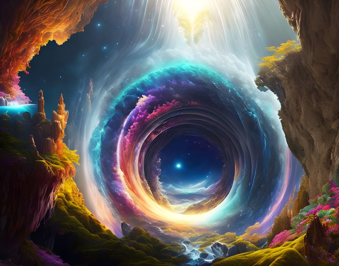 Colorful digital artwork: swirling portal in fantastical landscape.