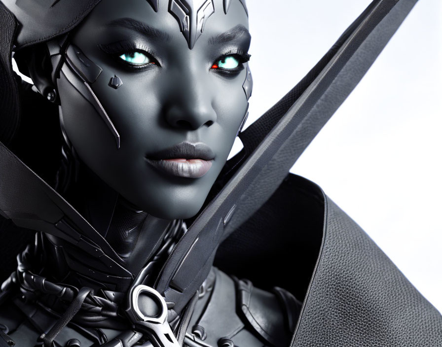 Female character in futuristic black armor with glowing green eyes and red cybernetic implant holding a sword