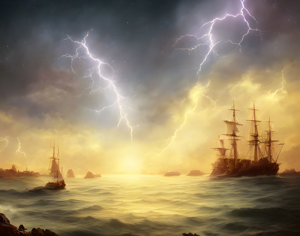 Vintage ships in turbulent seas under stormy skies with vivid lightning streaks