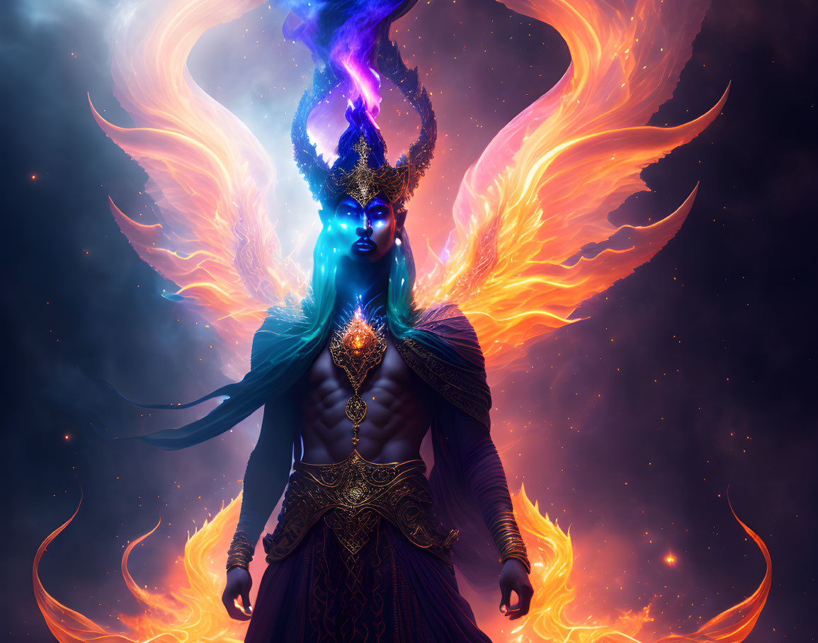 Blue-skinned figure with fiery wings and golden armor standing regally