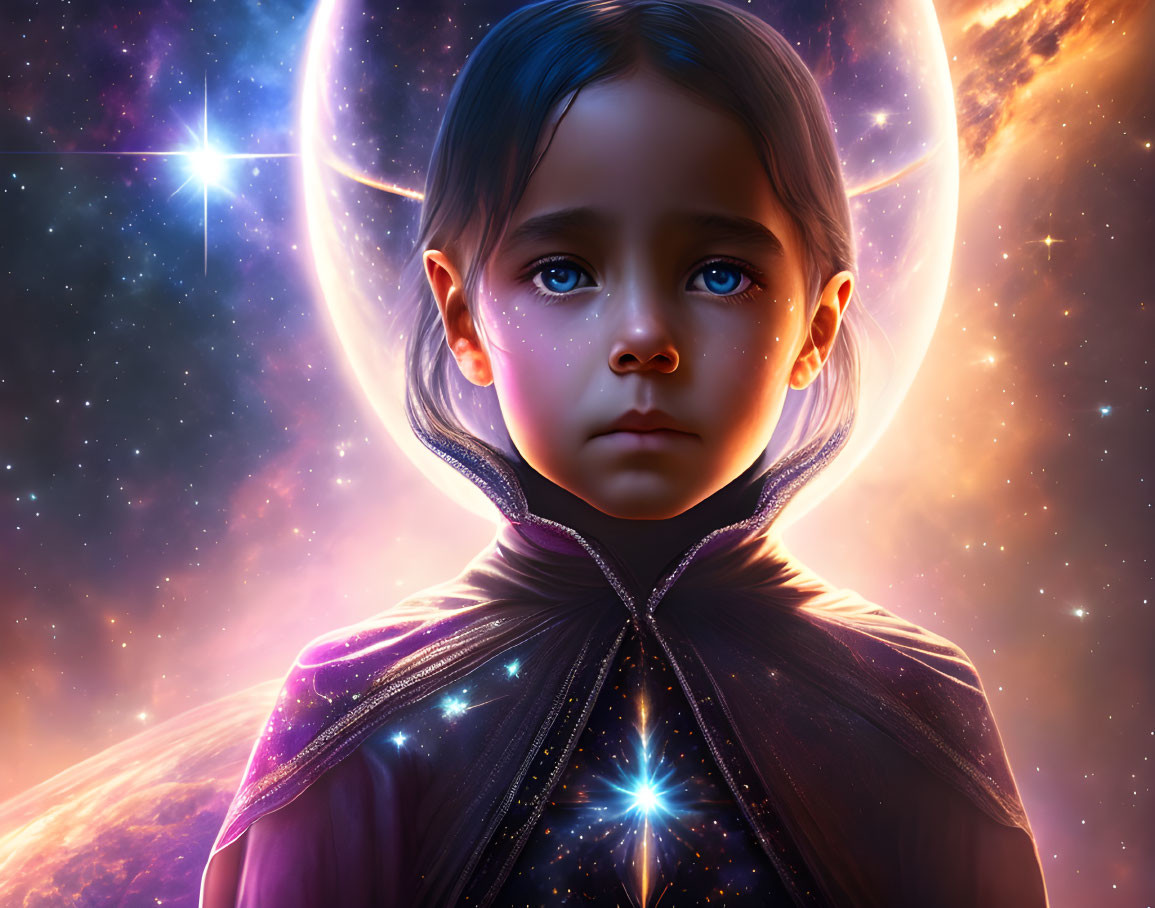 Child in starry cosmic cape with transparent halo