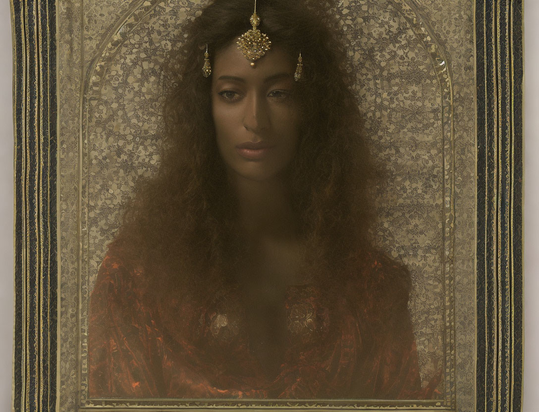 Curly-haired woman in red outfit with gold jewelry against decorative border