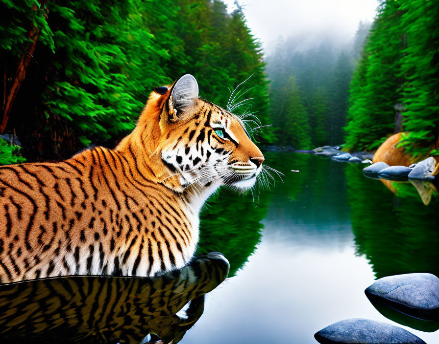 Resting Tiger by Serene Forest Lake with Green Trees and Mist