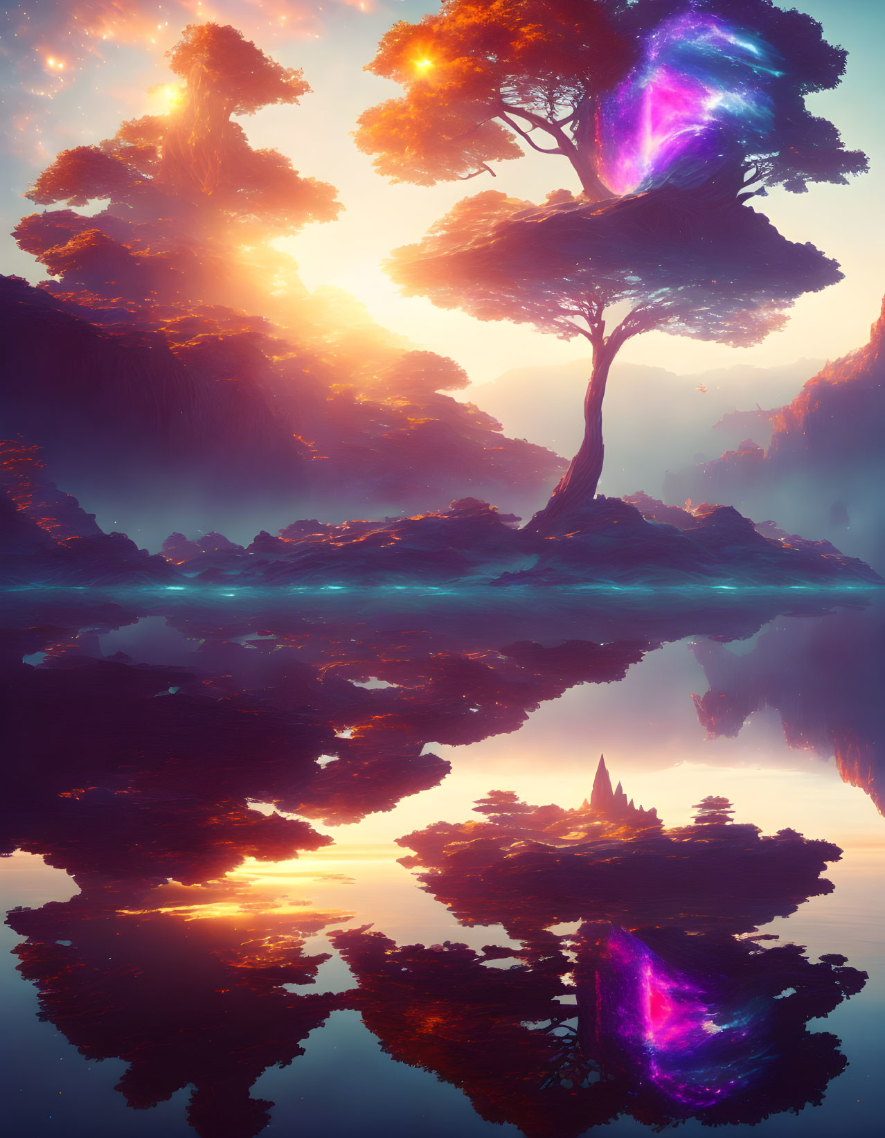 Mystical tree with purple light by calm lake at sunset