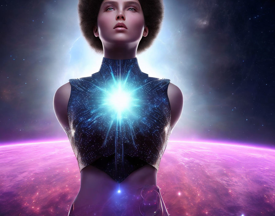 Woman with Afro in Cosmic Outfit Against Starry Space Background