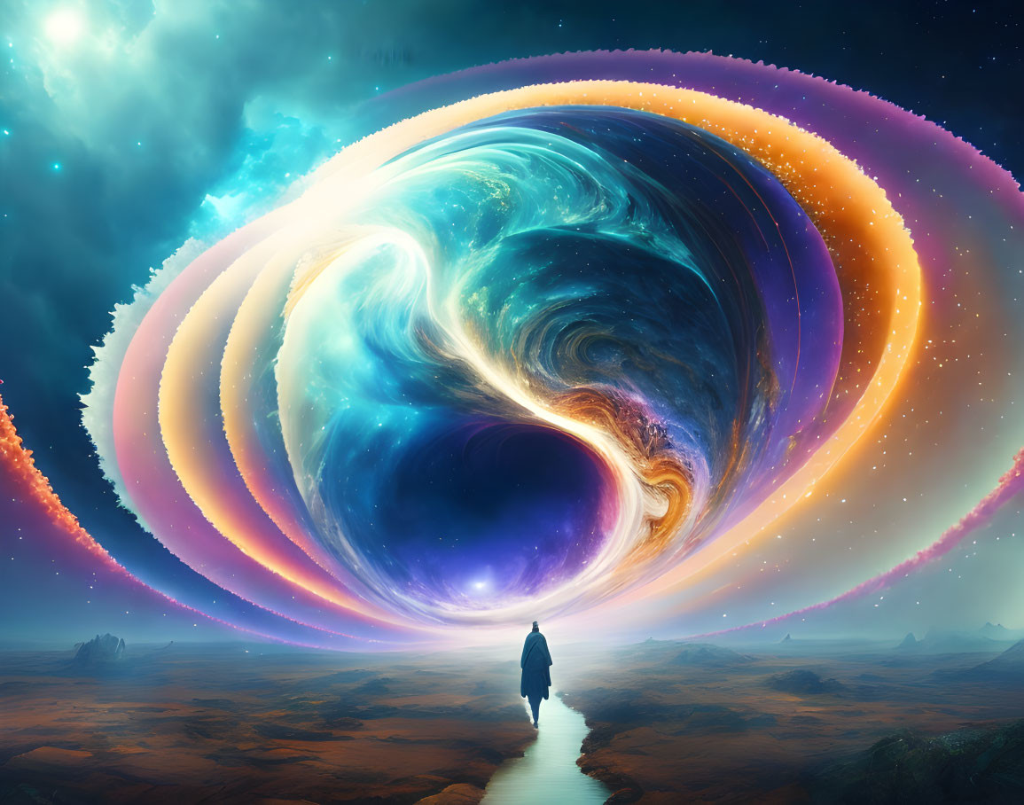 Person standing before swirling cosmic vortex with blue and orange hues against starry sky.