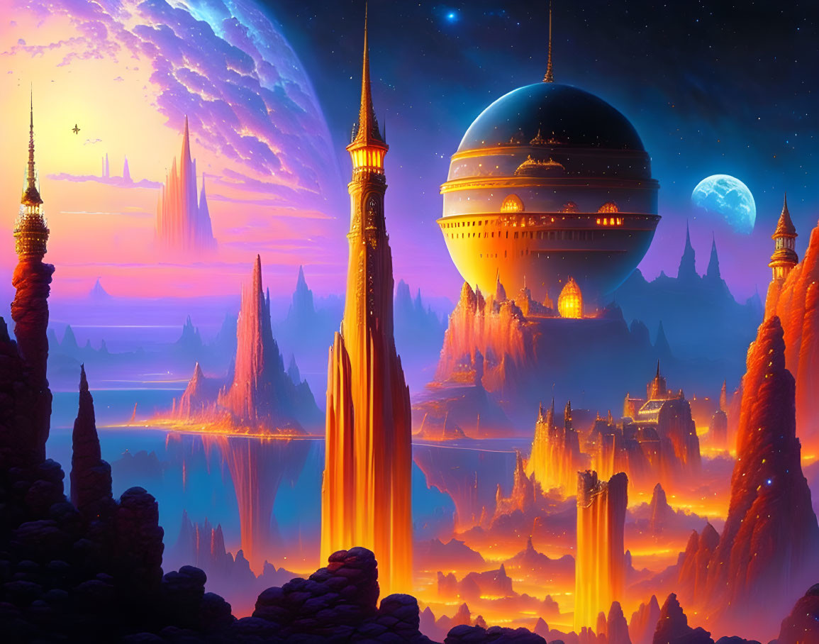 Fantastical dusk landscape with towering spires and planets in vibrant sky