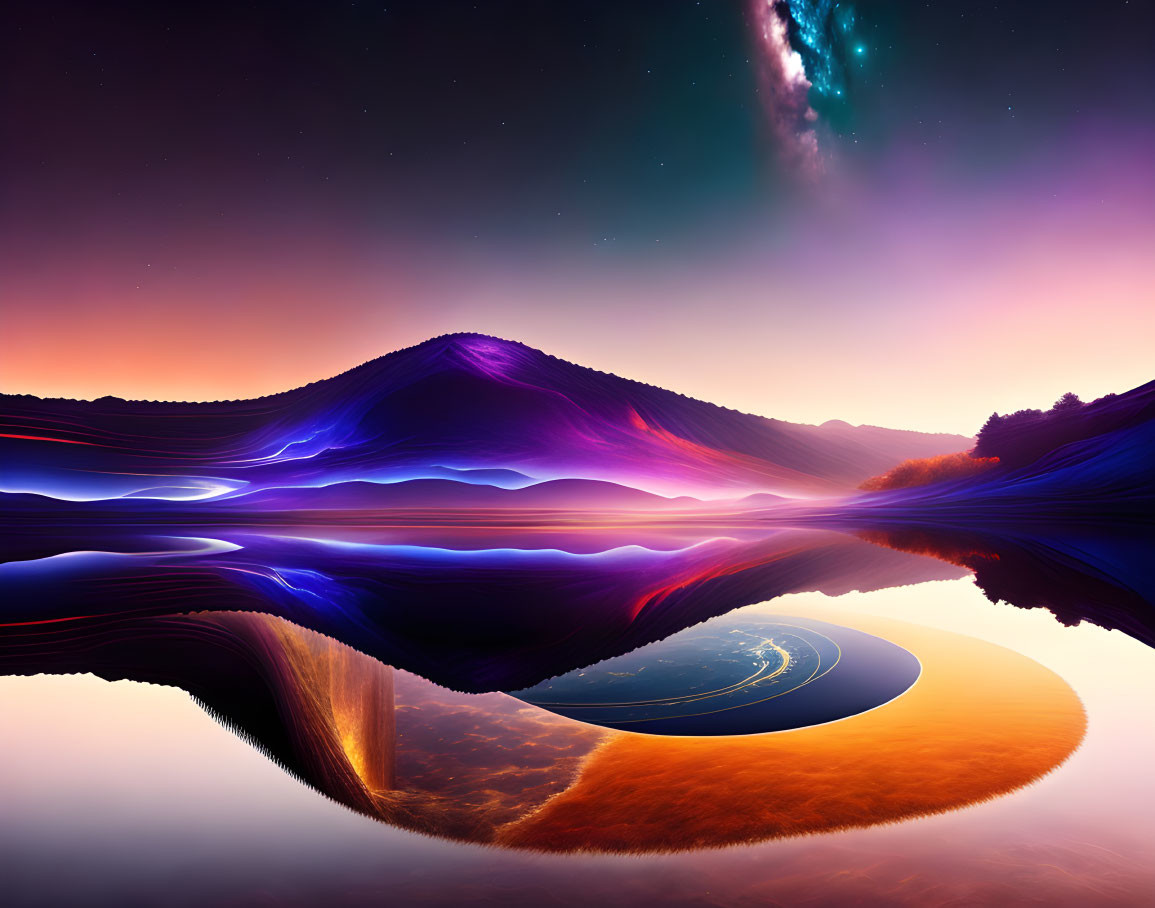 Surreal landscape with neon colors and cosmic sky