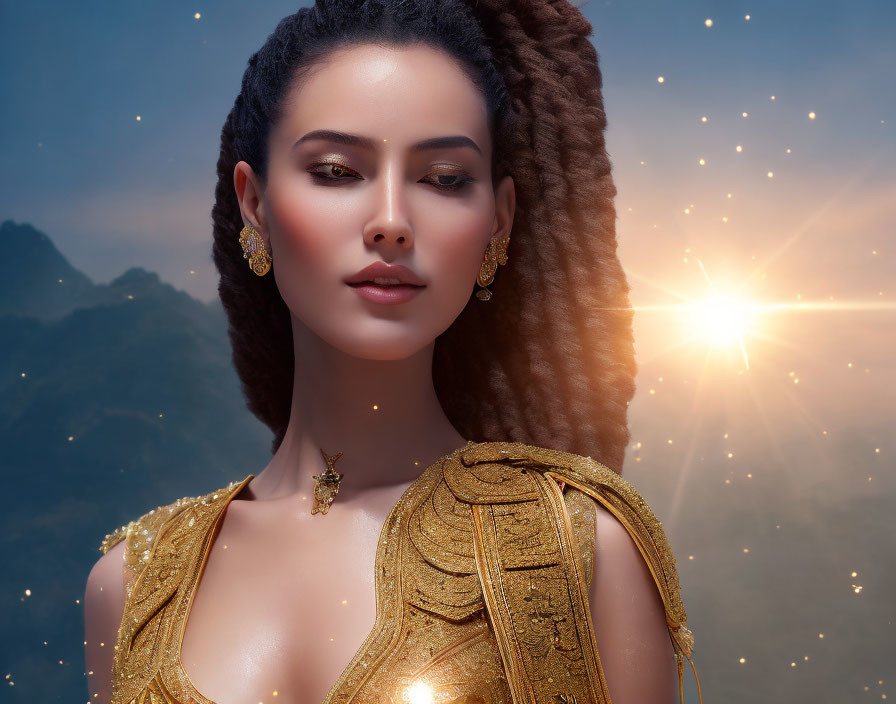 Woman with braided hair and golden jewelry under twilight sky with stars and sun.