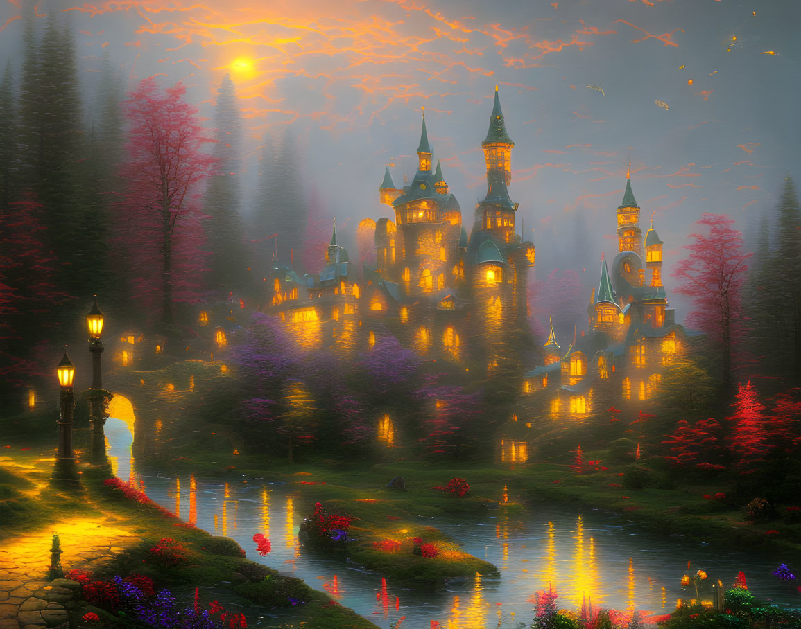 Fantasy castle at sunset with glowing windows and lush gardens