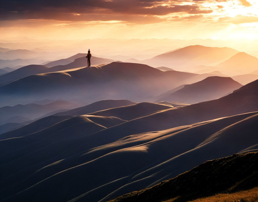 Person standing on hill with mountain ridges at sunset