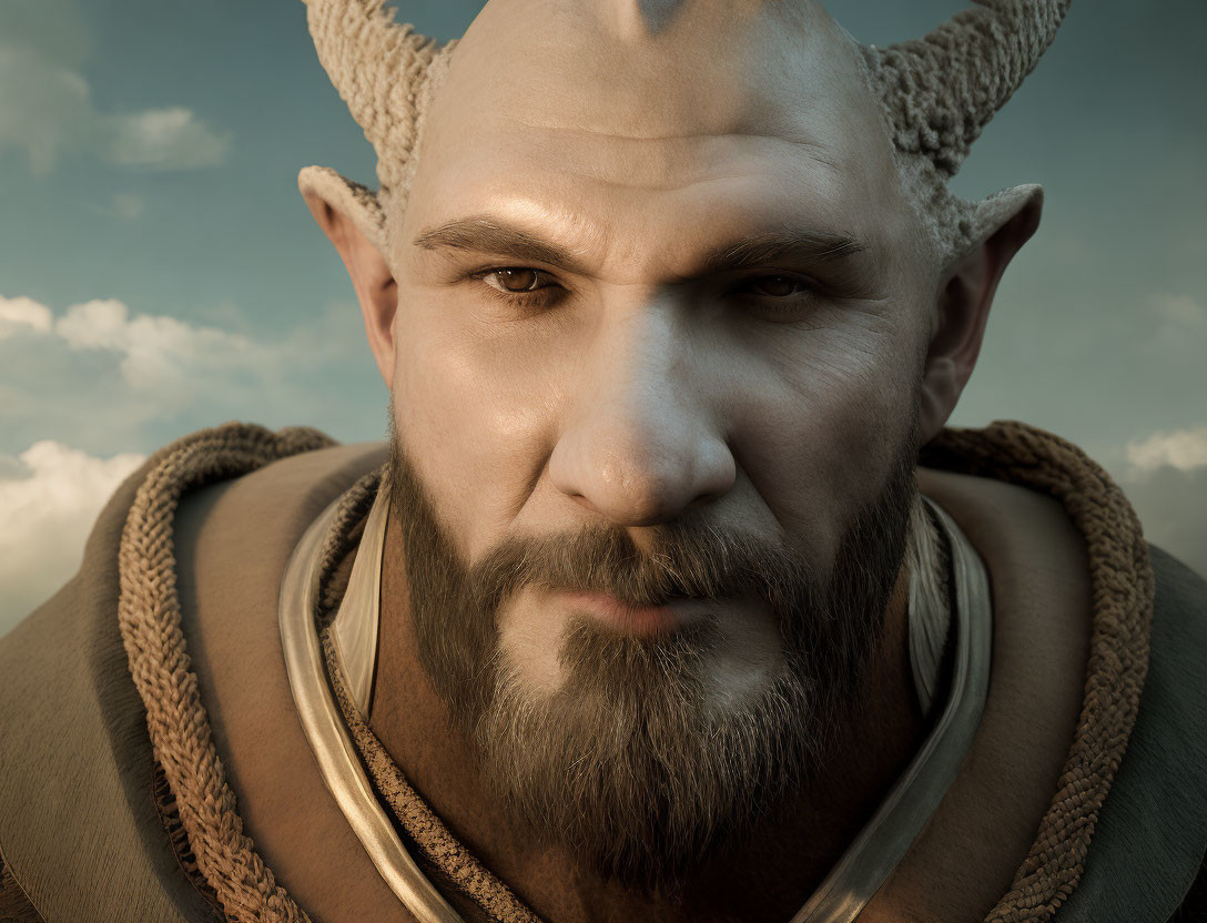 Male figure with beard and horns in close-up against cloudy sky