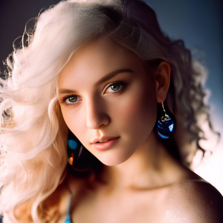 Portrait of young woman with voluminous curly blonde hair and blue eyes wearing blue earrings