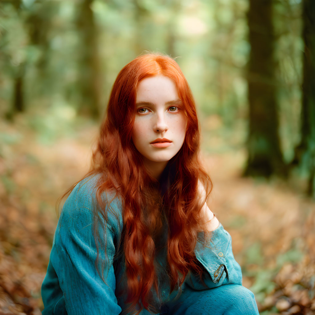 Red-haired woman in teal blouse against forest backdrop